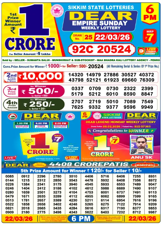 Lottery Sambad 6 PM Result 22 March 2026